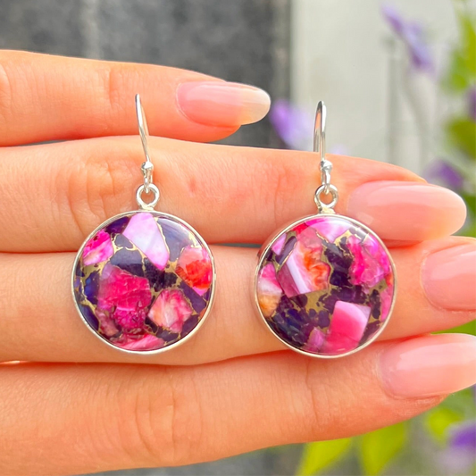 RARE Pink & Purple Dahlia Turquoise Sterling Silver Drop Earrings