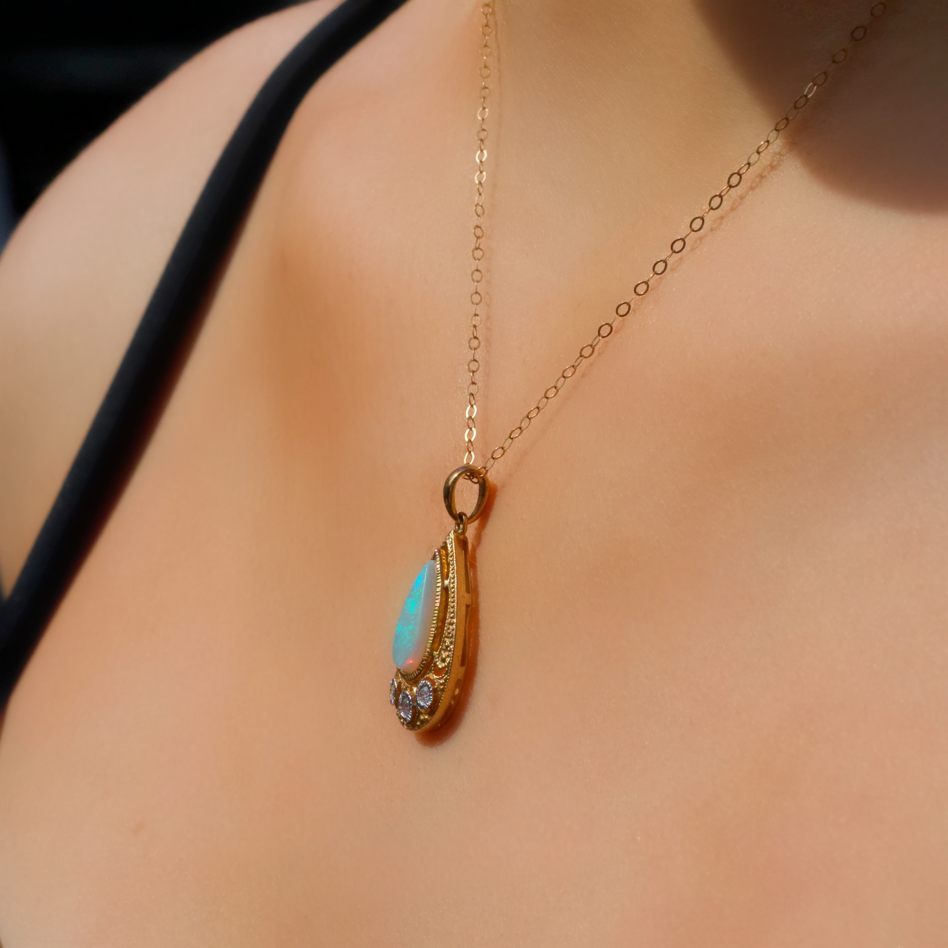 Art Deco Inspired Opal and Diamond 9ct Yellow Gold Necklace