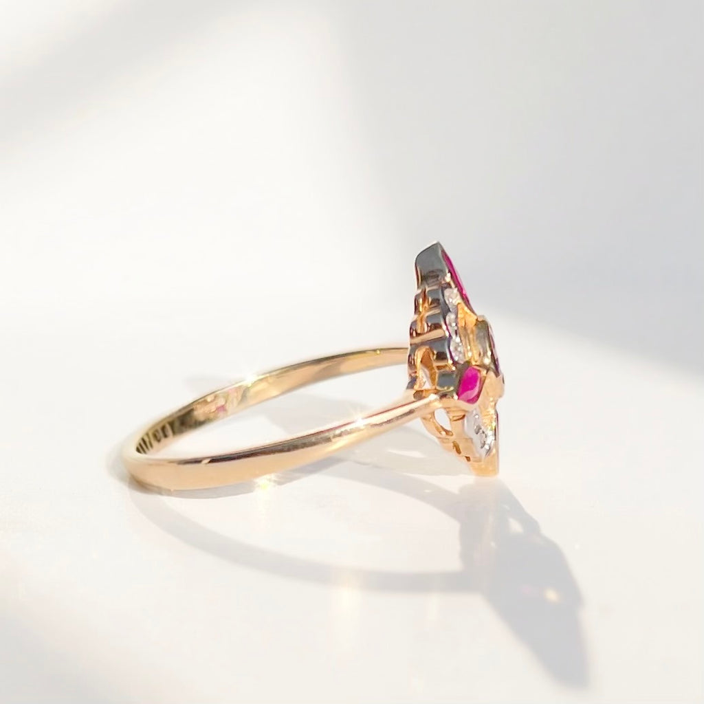 Edwardian Reproduction Pink Tourmaline, Ruby and Diamond 9ct Yellow Gold Ring | Size O