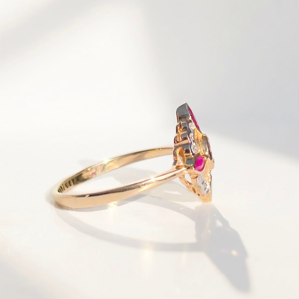 Edwardian Reproduction Pink Tourmaline, Ruby and Diamond 9ct Yellow Gold Ring | Size O