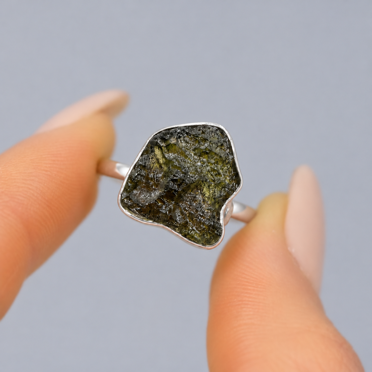 Rough Cut Green Moldavite Sterling Silver Ring | Size P