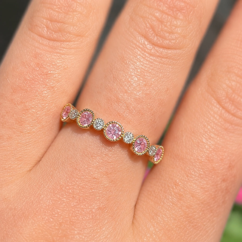Pink Sapphire and Diamond 9ct Yellow Gold Half Eternity Ring | Size N