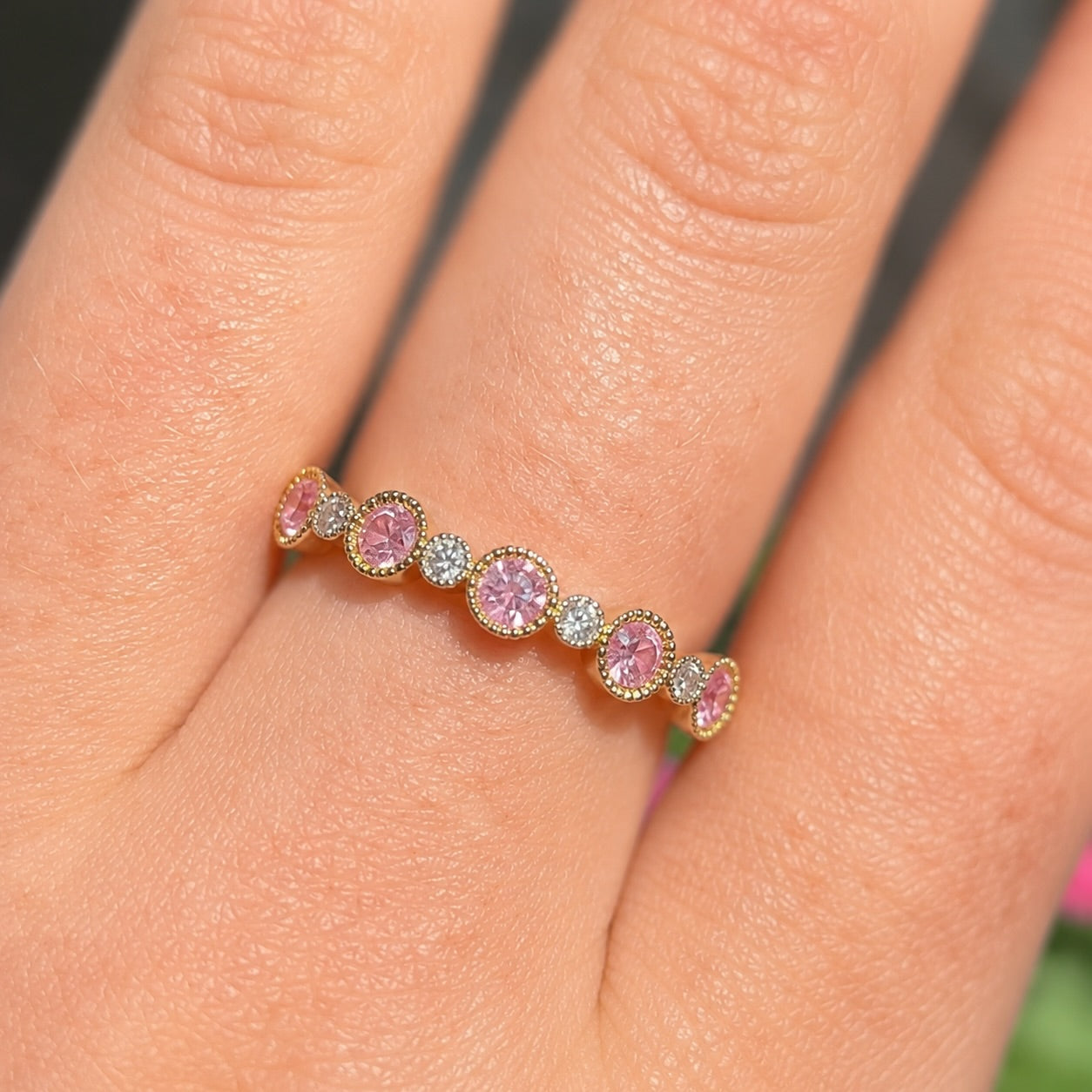 Pink Sapphire and Diamond 9ct Yellow Gold Half Eternity Ring | Size N