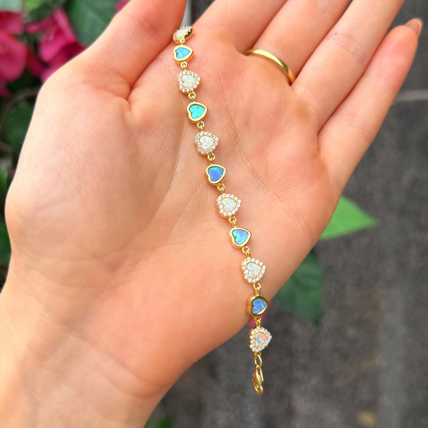 Blue & White Opal 9ct Yellow Gold Plated Cubic Zirconia Love Heart’s Bracelet