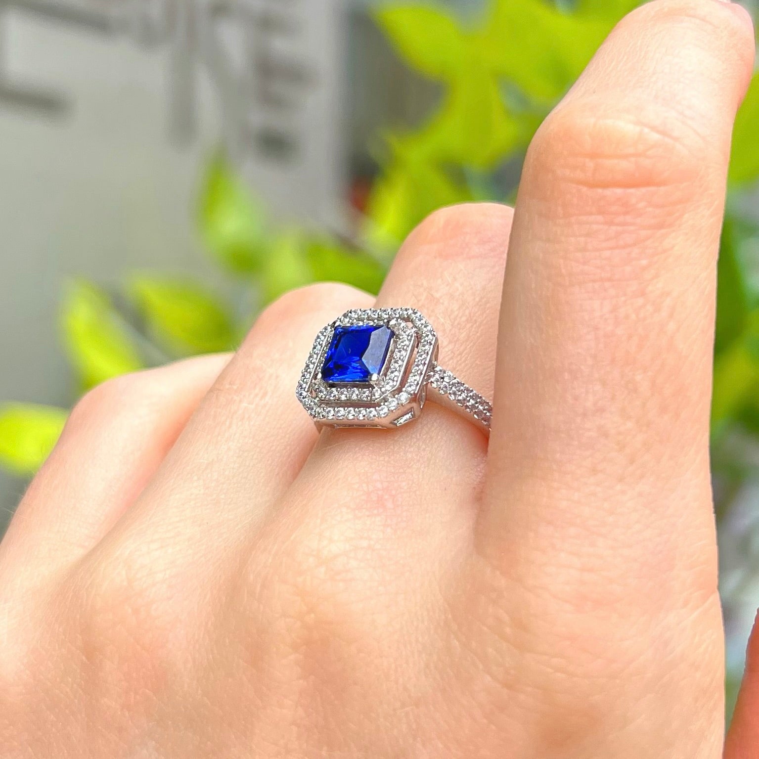 Blue Cubic Zirconia Sterling Silver Square Halo Ring | Size M