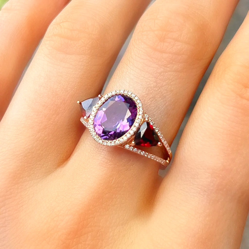 18ct Rose Gold Purple Amethyst, Red Garnet and Diamond Ring - Size M