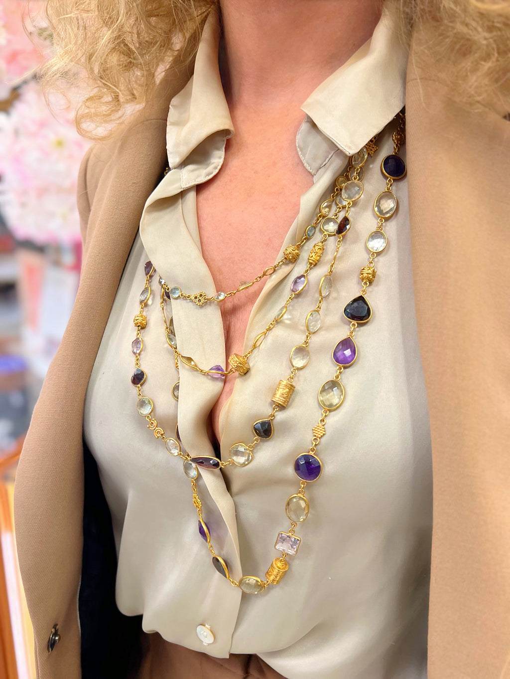 Multi Gemstone Silver Gilt Waterfall Layered Necklace