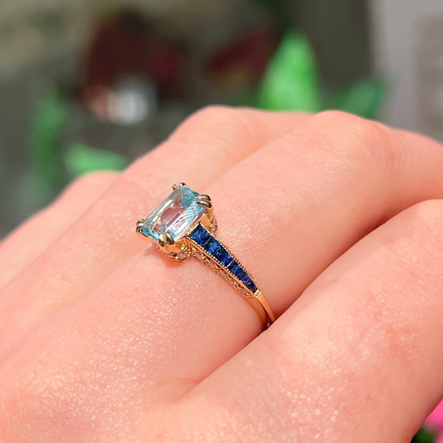 Blue Topaz Sapphire and Diamond 9ct Yellow Gold Engagement Ring | Size M ½