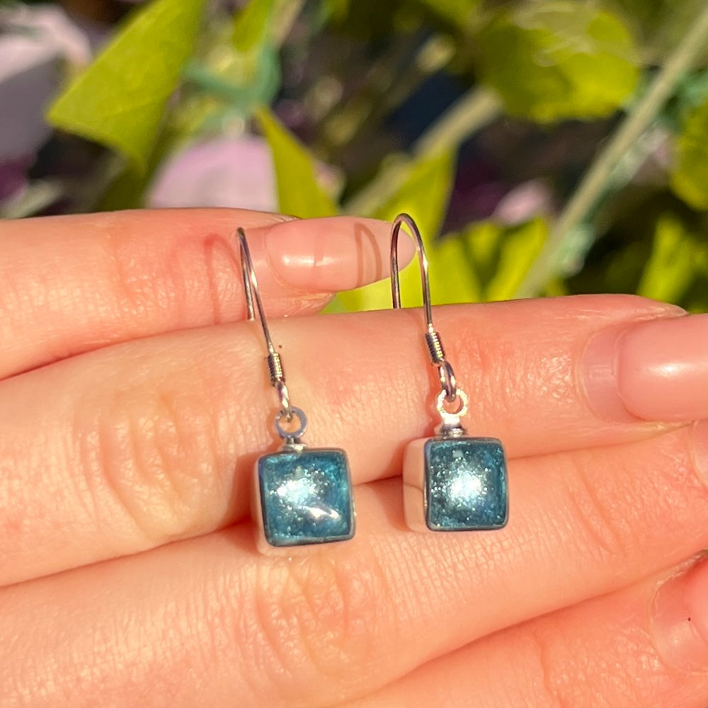 ‘Watch This Space’ Blue Square Drop Earrings