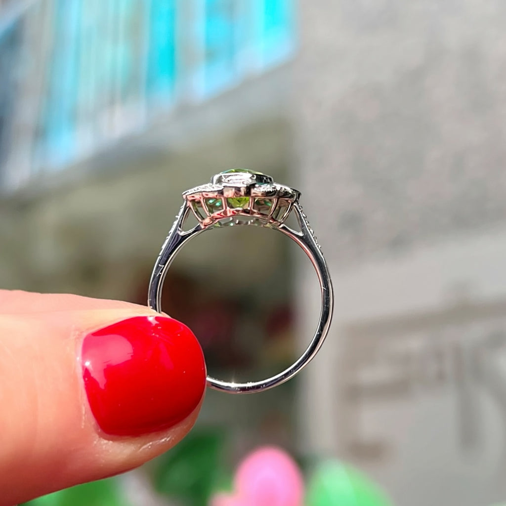 Art Deco Reproduction Peridot, Emerald and Diamond 9ct White Gold Ring | Size M ½