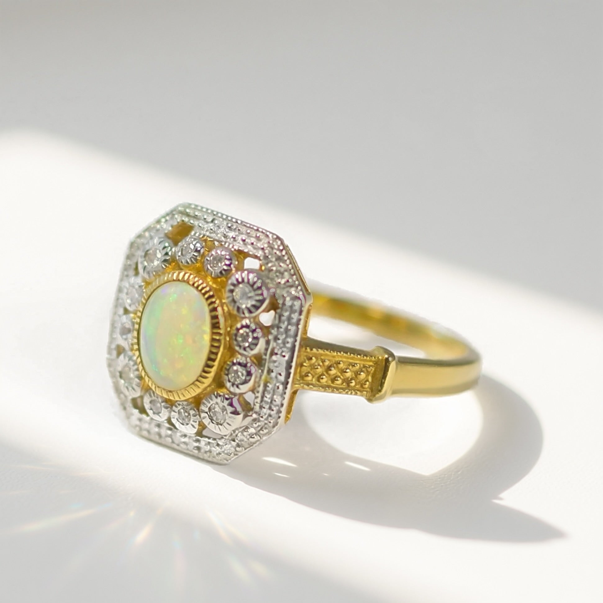 Art Deco Inspired Octagonal Opal and Diamond 9ct Yellow Gold Cluster Ring | Size O