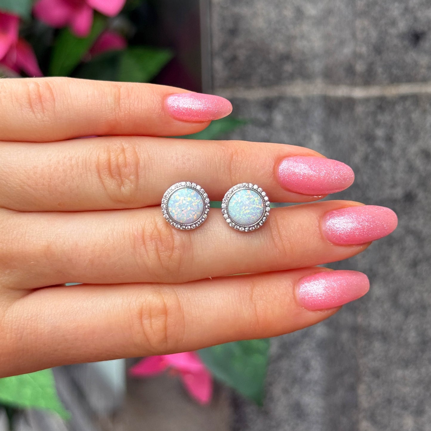 White Opal Cubic Zirconia Halo Sterling Silver Stud Earrings