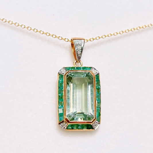 Art Deco Inspired 9ct Yellow Gold Green Amethyst and Emerald Necklace