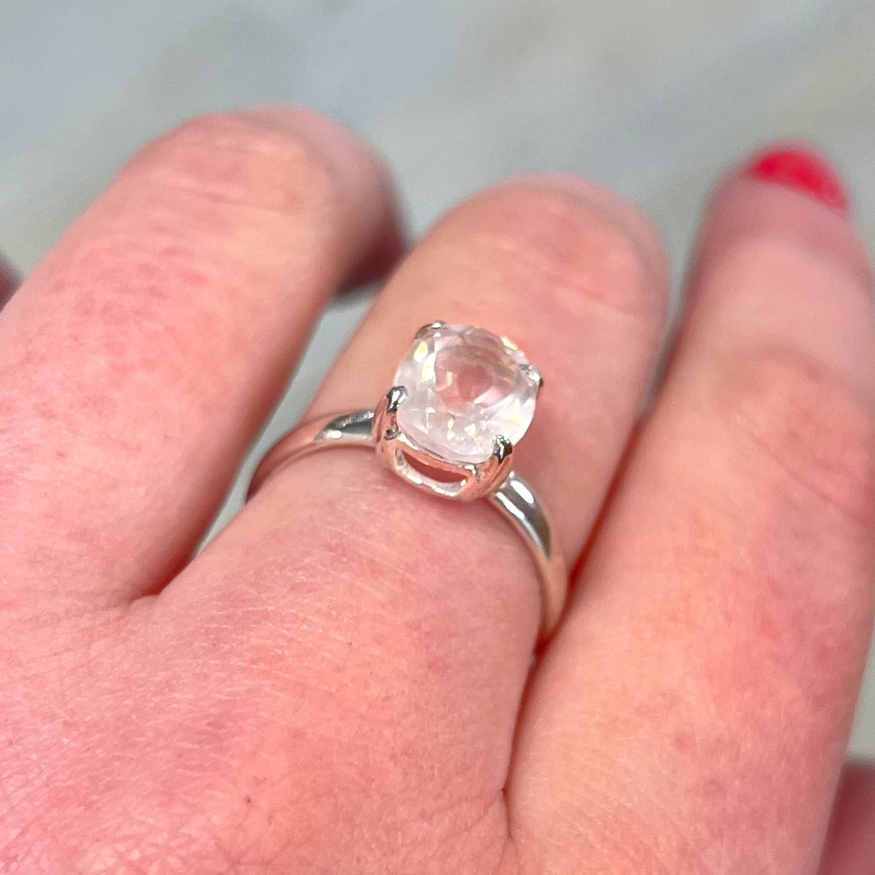 Pink Rose Quartz Sterling Silver Marquise Cut Ring - Size Q