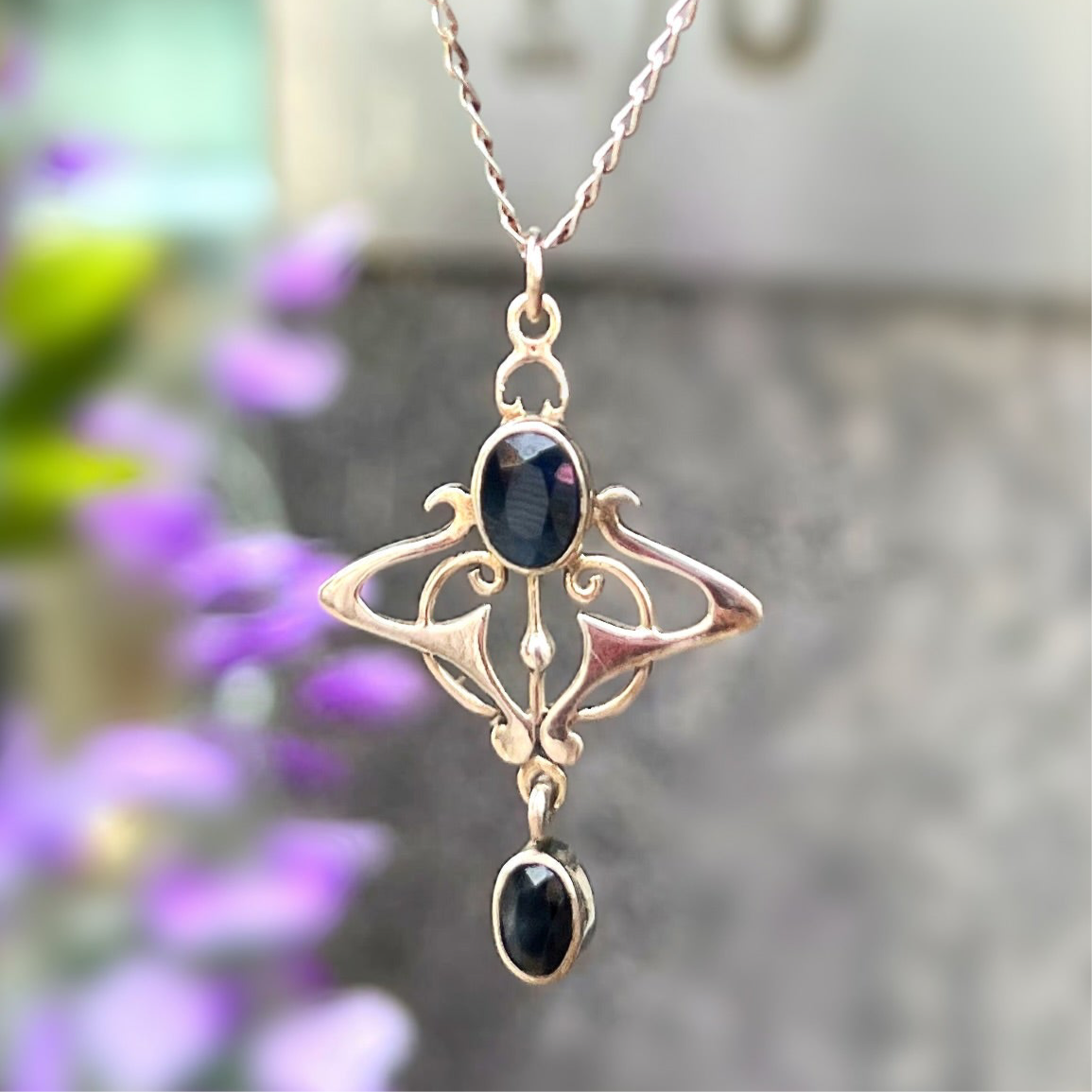 Blue Sapphire Sterling Silver Art Nouveau Pendant & Chain