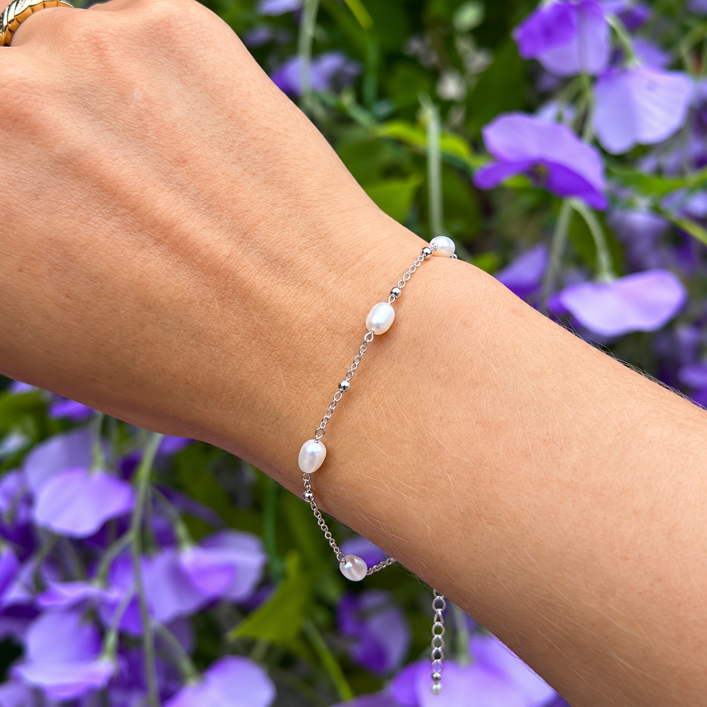 Freshwater Pearl Sterling Silver Dainty Station Bracelet