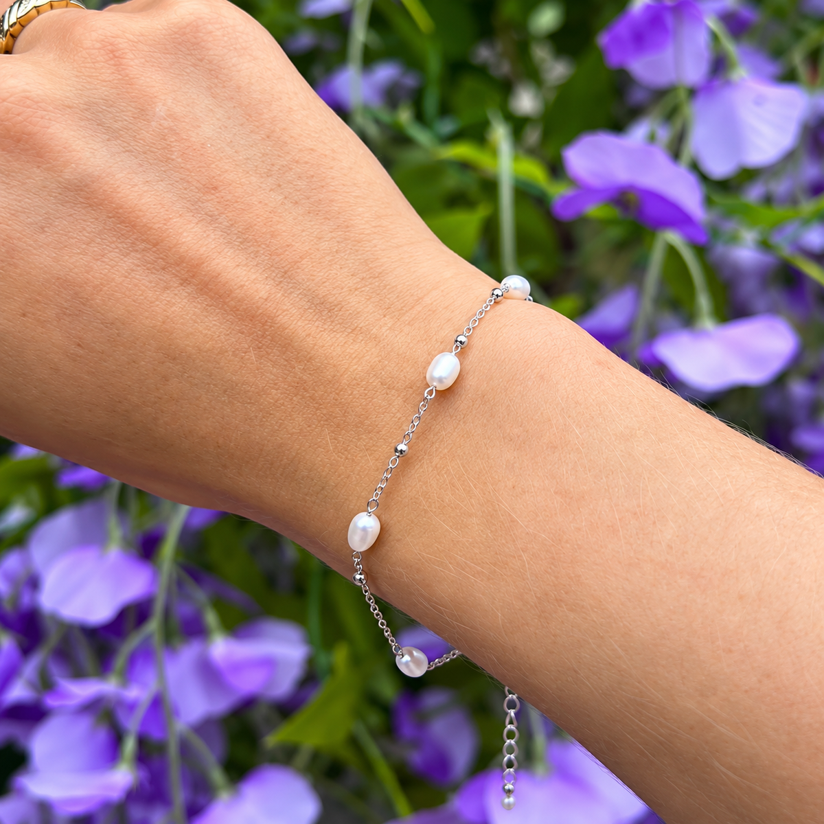 Freshwater Pearl Sterling Silver Dainty Station Bracelet