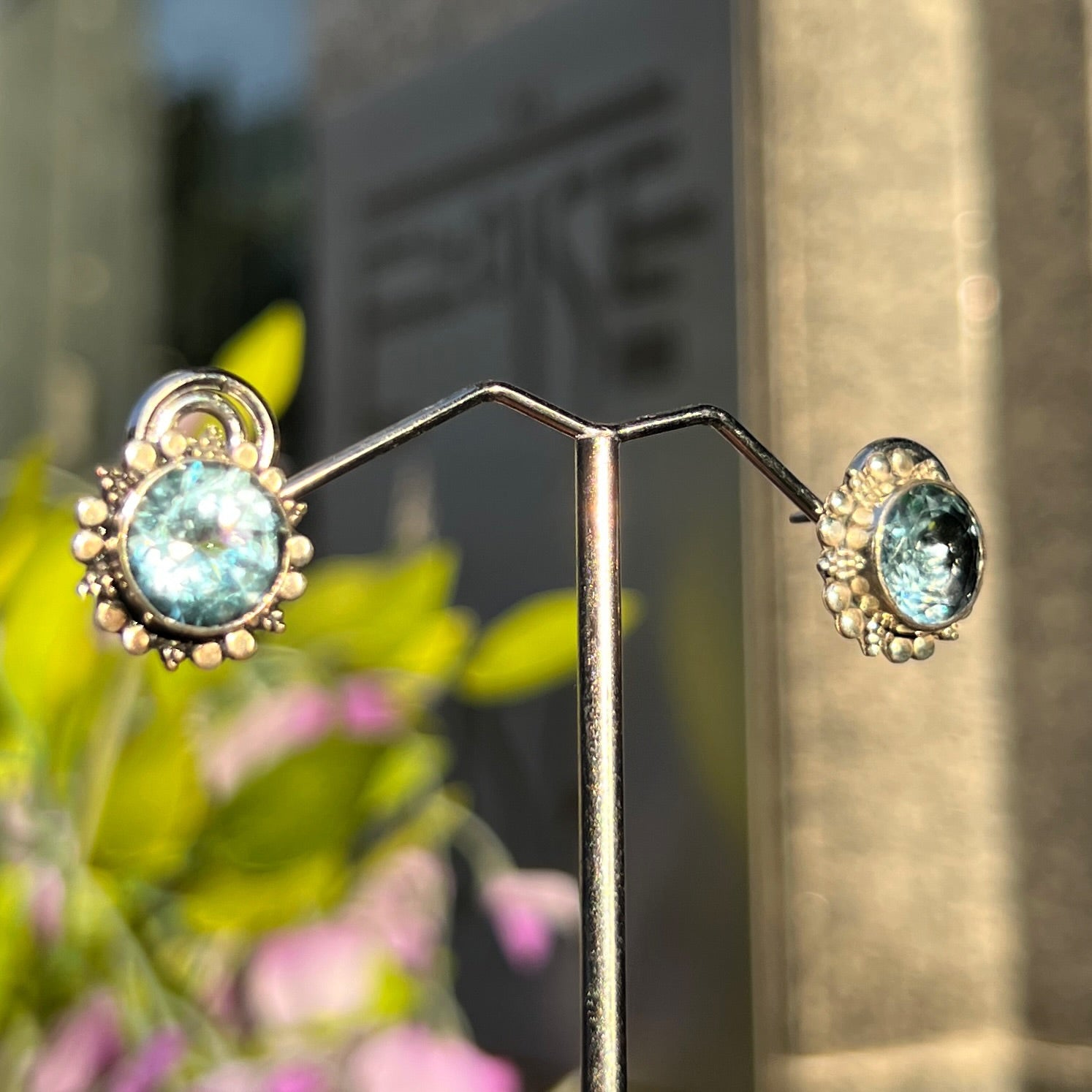 Blue Topaz Sterling Silver Sun Design Stud Earrings