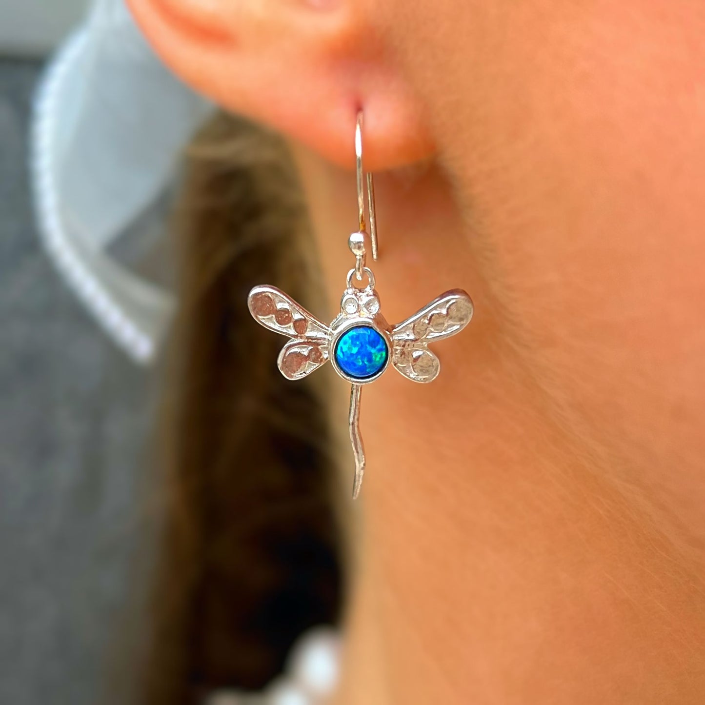 Sterling Silver Blue Opal Dragonfly Drop Earrings