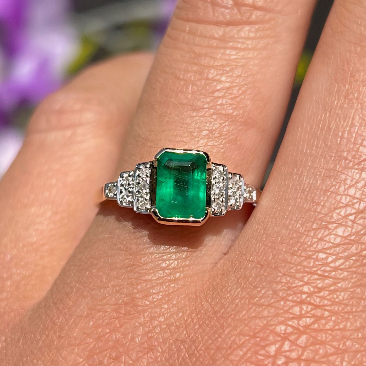 9ct Yellow Gold Art Deco Inspired Emerald and Diamond Ring - Size N 1/2