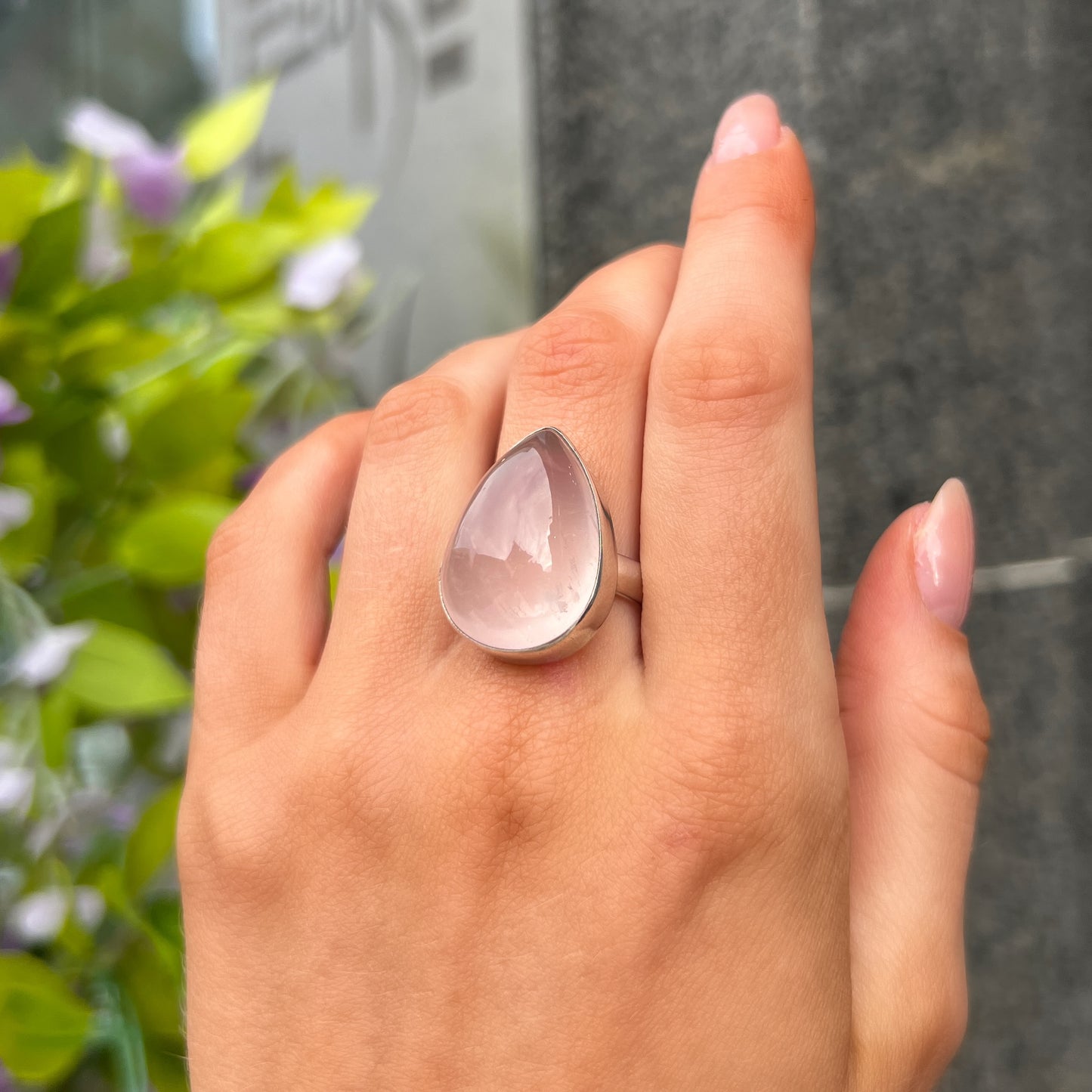 Chunky Sterling Silver Pear Cut Cabochon Pink Rose Quartz Ring - Size P