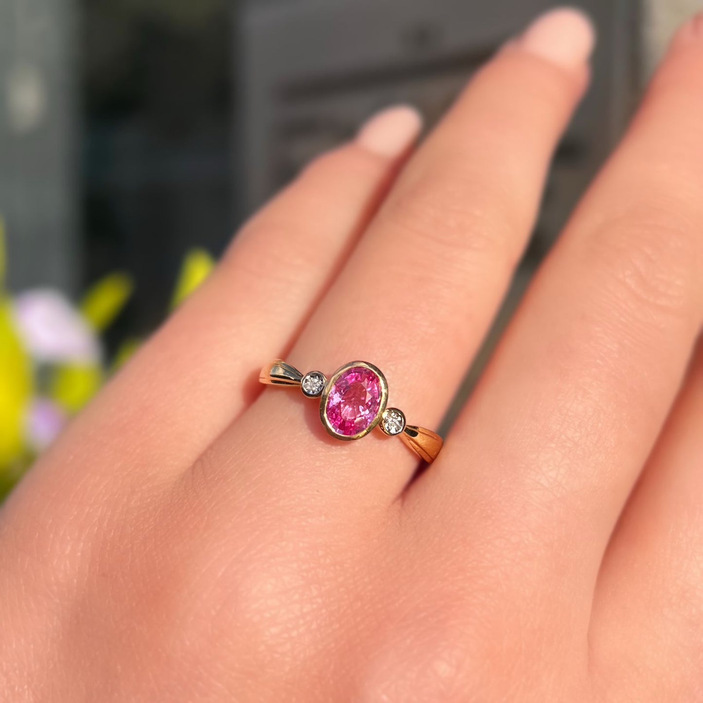 'Aurora' Ring - 9ct Yellow Gold Pink Sapphire and Diamond Trilogy Size O