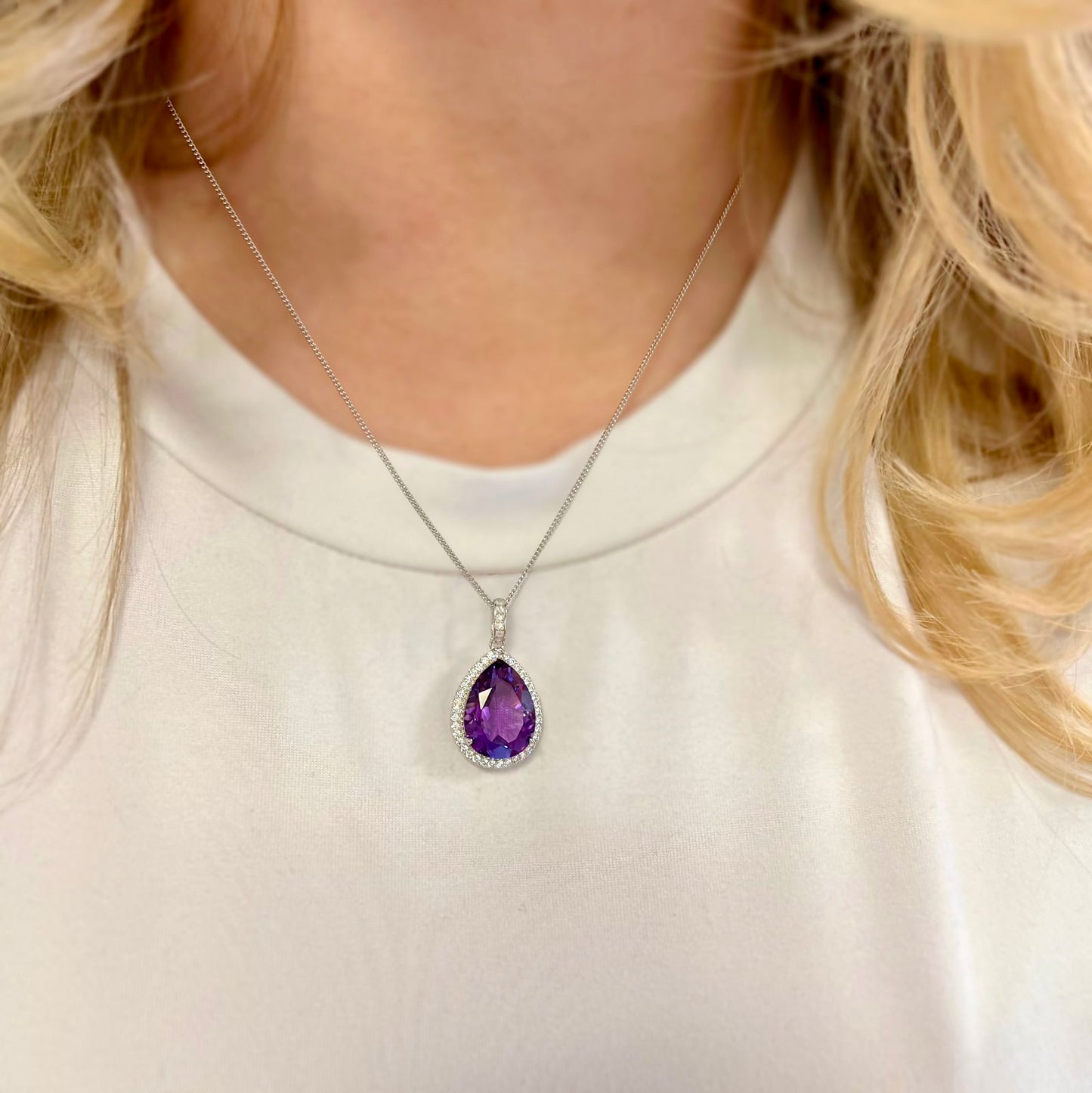 Sparkling Sterling Silver Pear Shaped Amethyst and Cubic Zirconia Necklace