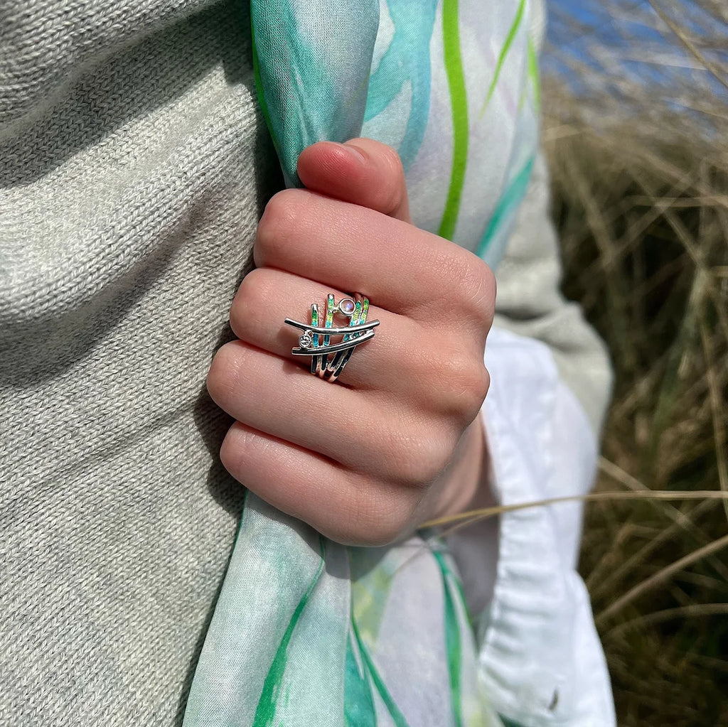 Pre-Order | Sterling Silver Wild Grasses Moonstone & Cubic Zirconia Ring in Meadow Enamel | Sheila Fleet