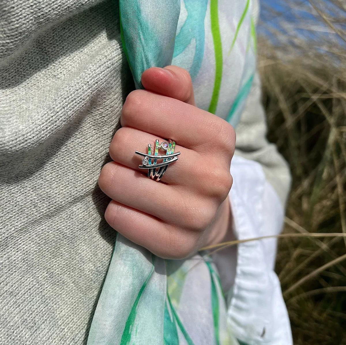 Pre-Order | Sterling Silver Wild Grasses Moonstone & Cubic Zirconia Ring in Meadow Enamel | Sheila Fleet