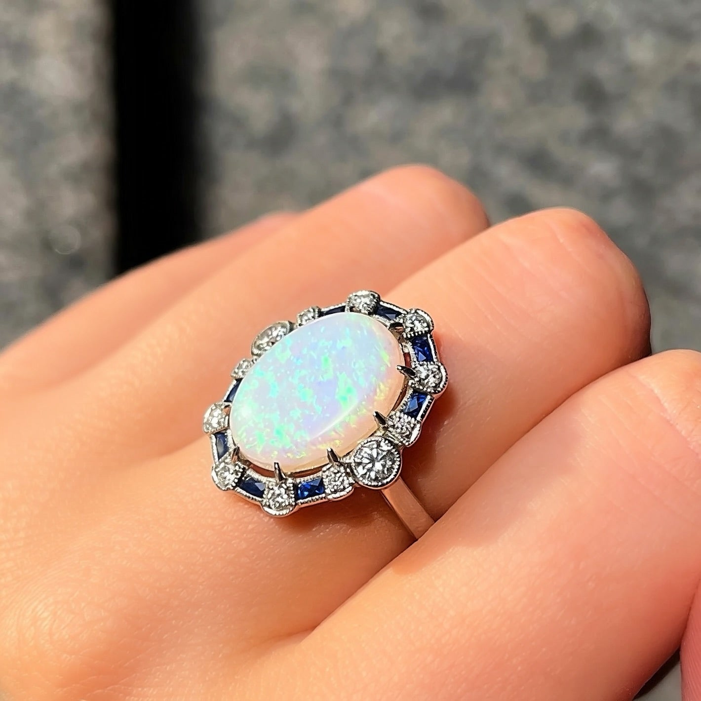 Art Deco Reproduction Opal, Sapphire and Diamond Platinum Ring | Size N ½