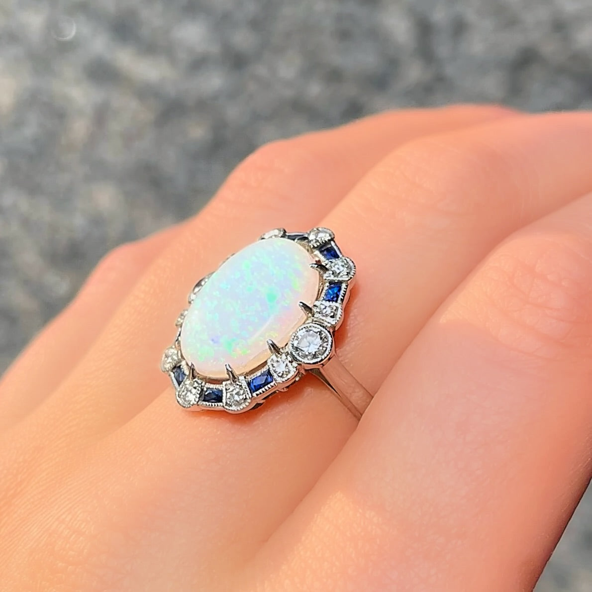 Art Deco Reproduction Opal, Sapphire and Diamond Platinum Ring | Size N ½