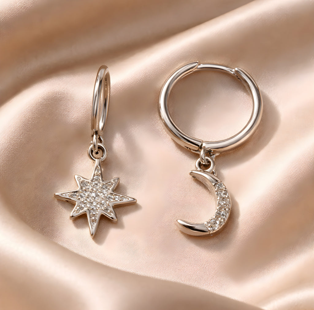 Cubic Zirconia Sterling Silver Moon & Stars Drop Earrings