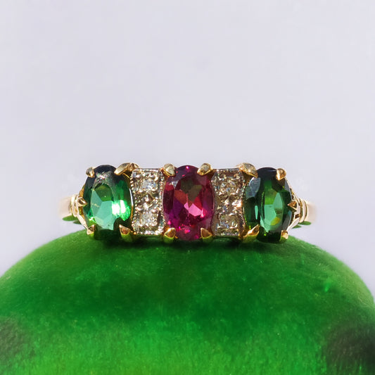 Intriguing Vintage 18ct Yellow Gold Colourful Tourmaline and Diamond Trilogy Ring - Size R