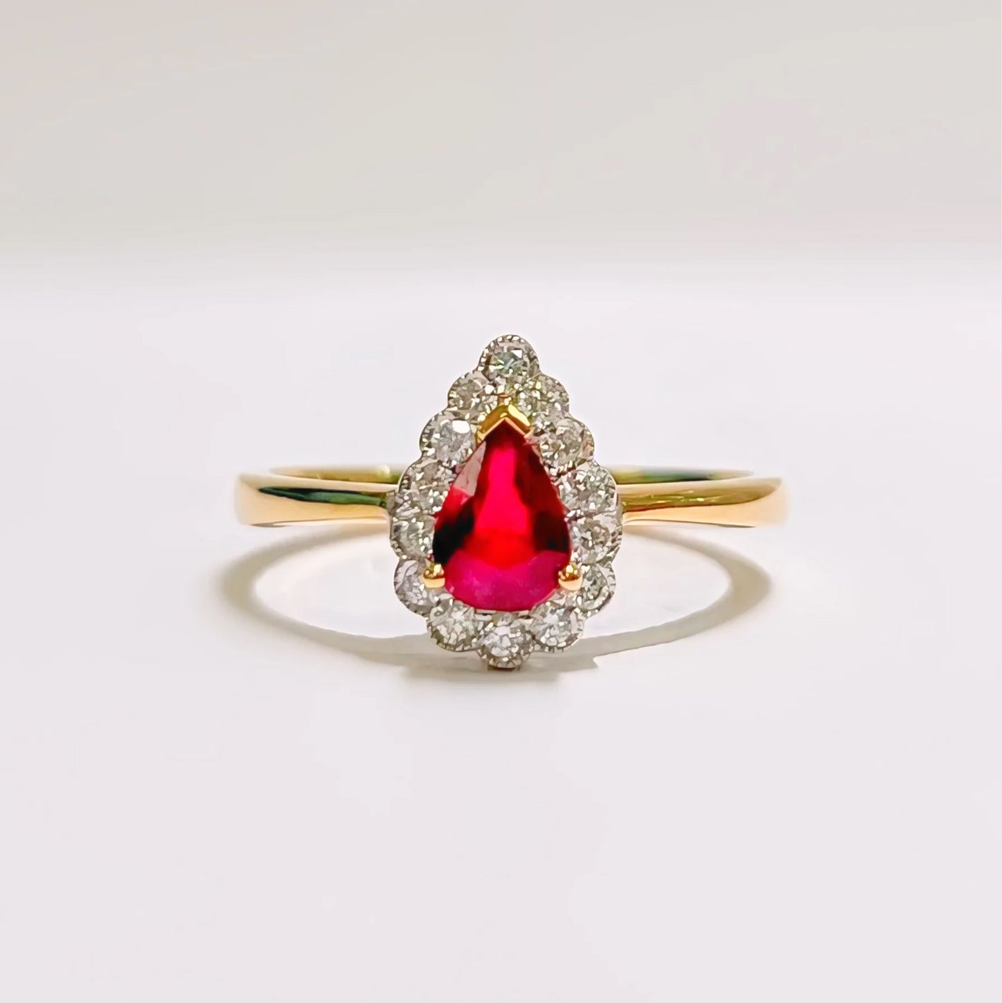 Dainty 18ct Yellow Gold Pear Shaped Red Ruby and Diamond Engagement Ring - Size M