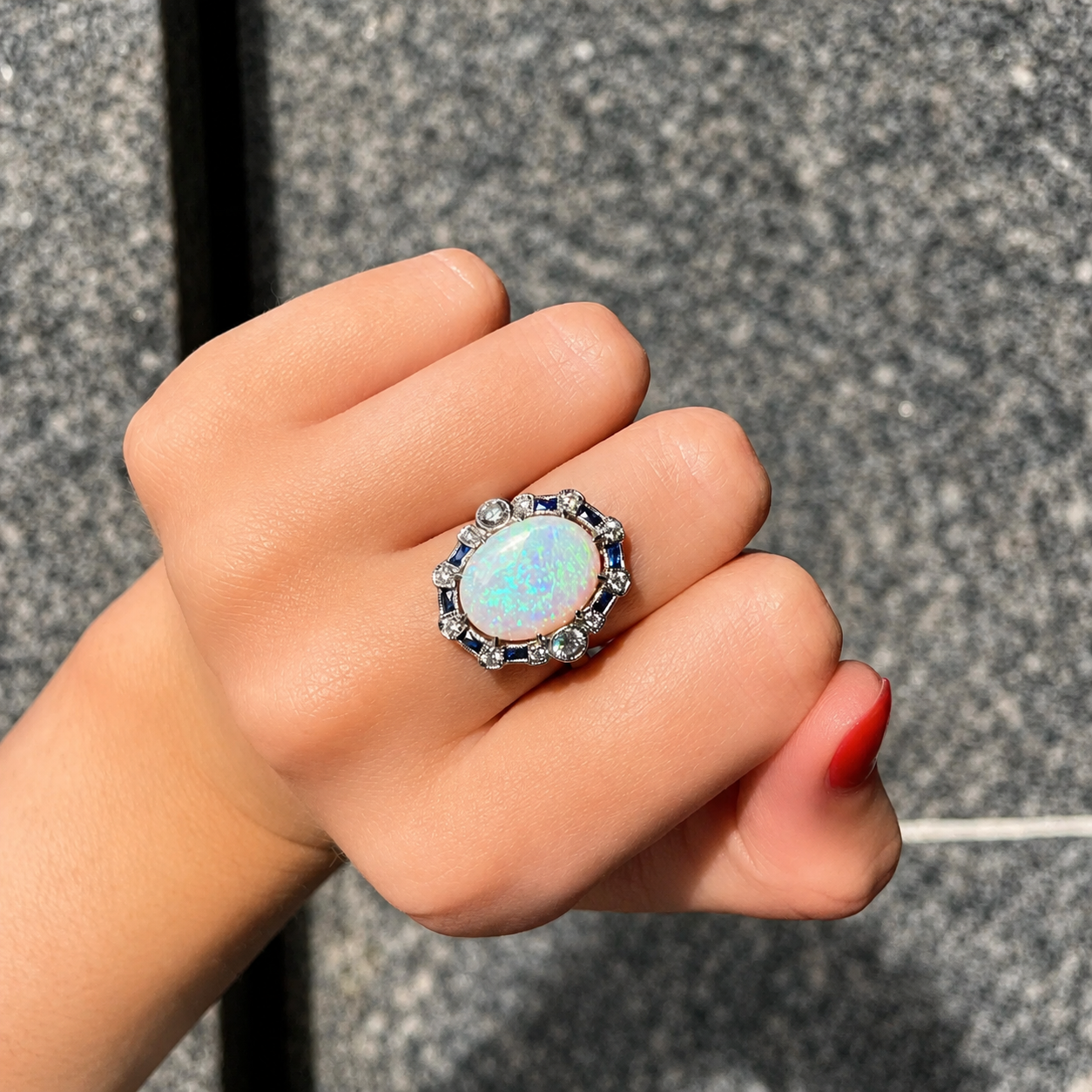Art Deco Reproduction Opal, Sapphire and Diamond Platinum Ring | Size N ½