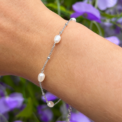 Freshwater Pearl Sterling Silver Dainty Station Bracelet