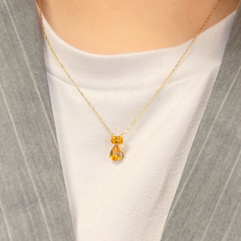 Citrine 9ct Yellow Gold Ginger Cat Dainty Necklace