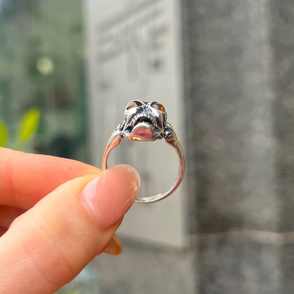 Orange Amber Sterling Silver 3D Skull Design Ring - Size Q