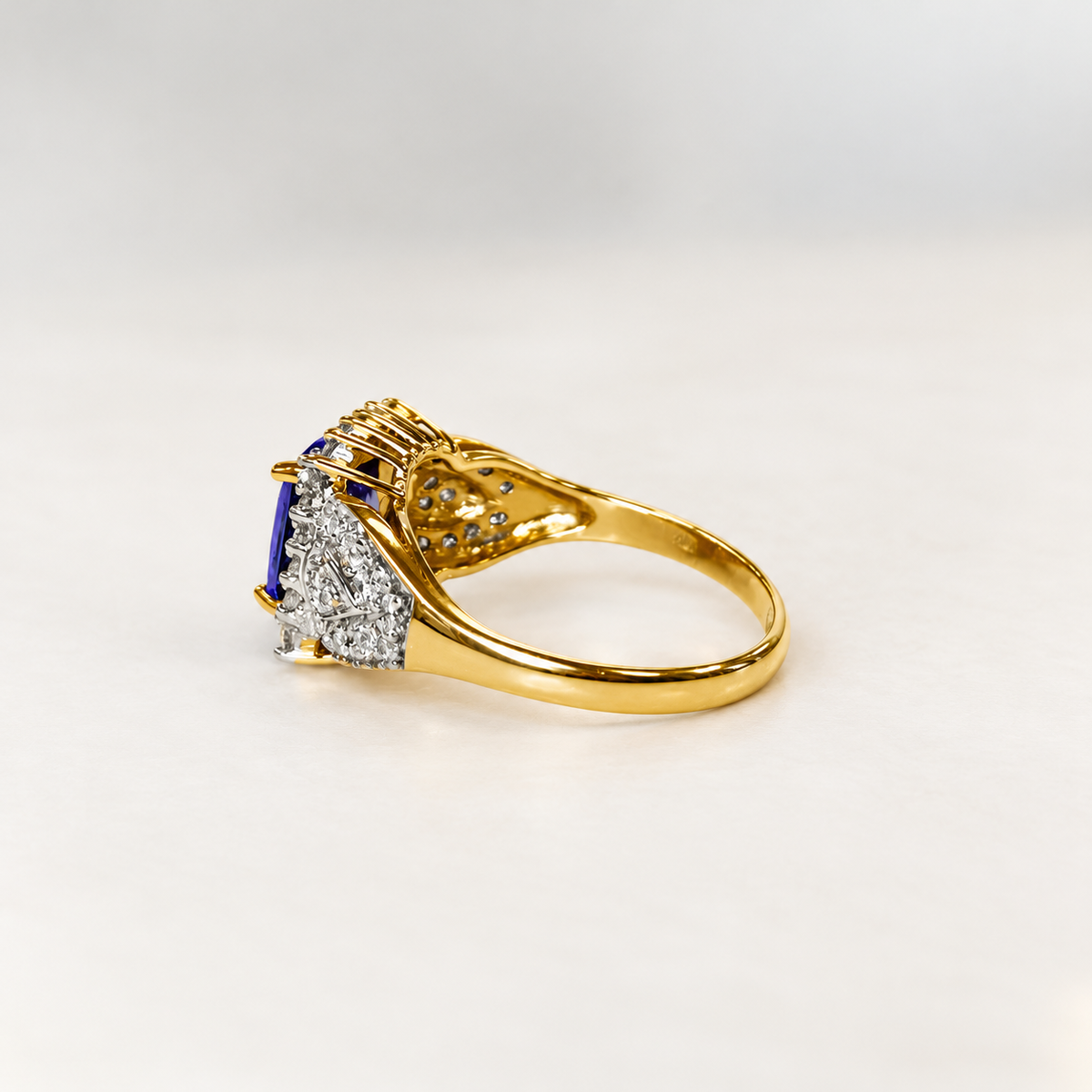 Vintage Indigo Tanzanite and Diamond 18ct Yellow Gold Cluster Chunky Ring | Size N