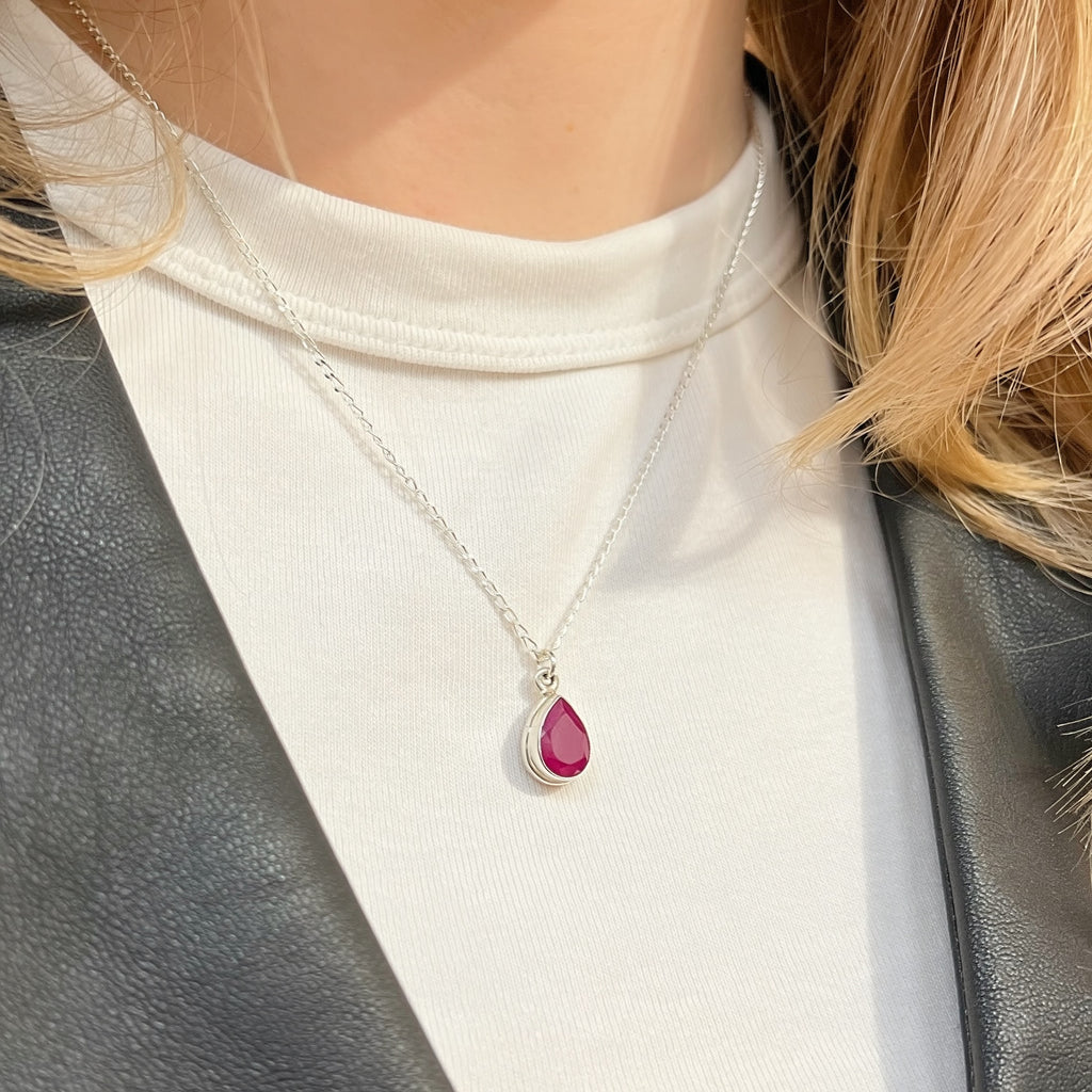 Pear Ruby Sterling Silver Dainty Necklace