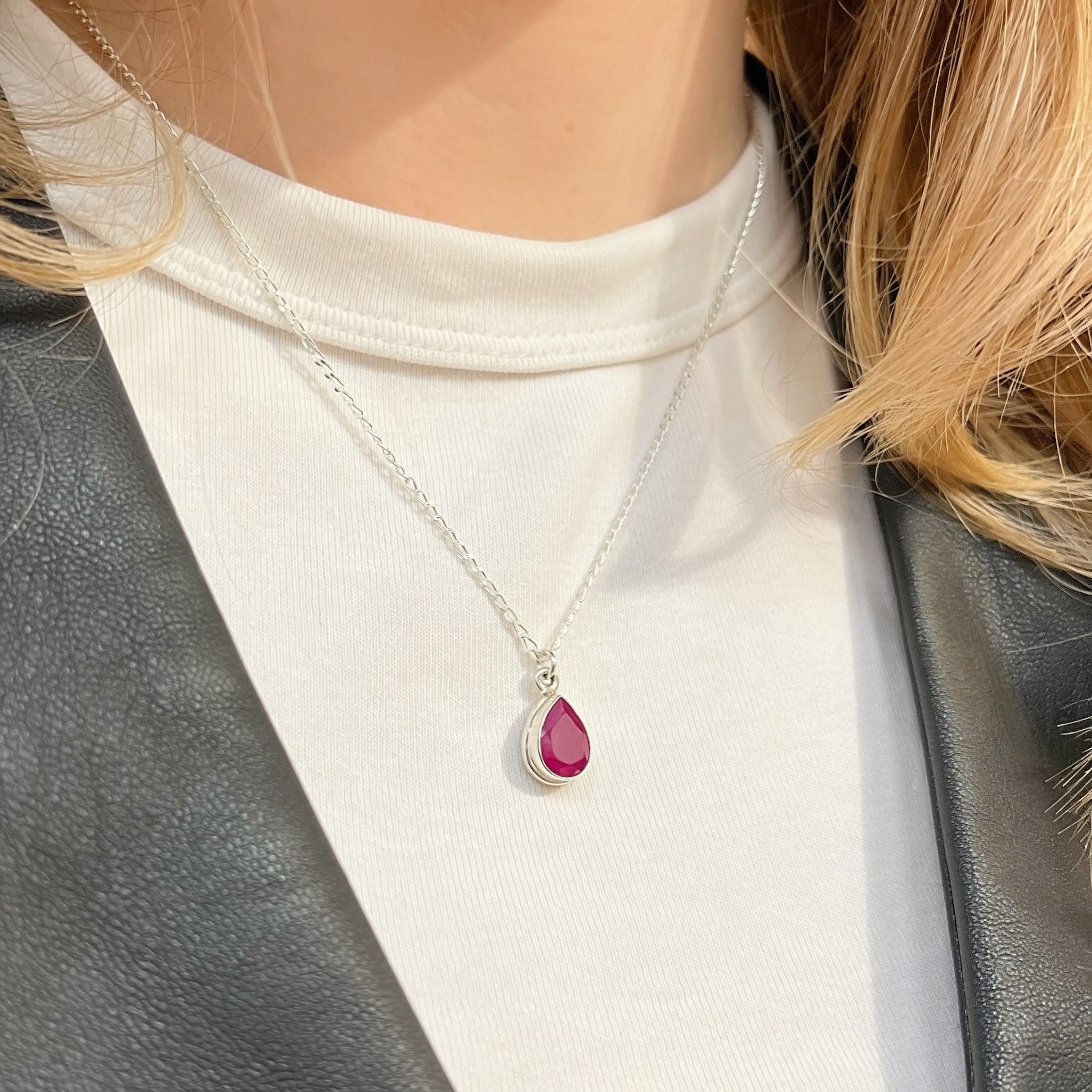 Pear Ruby Sterling Silver Dainty Necklace