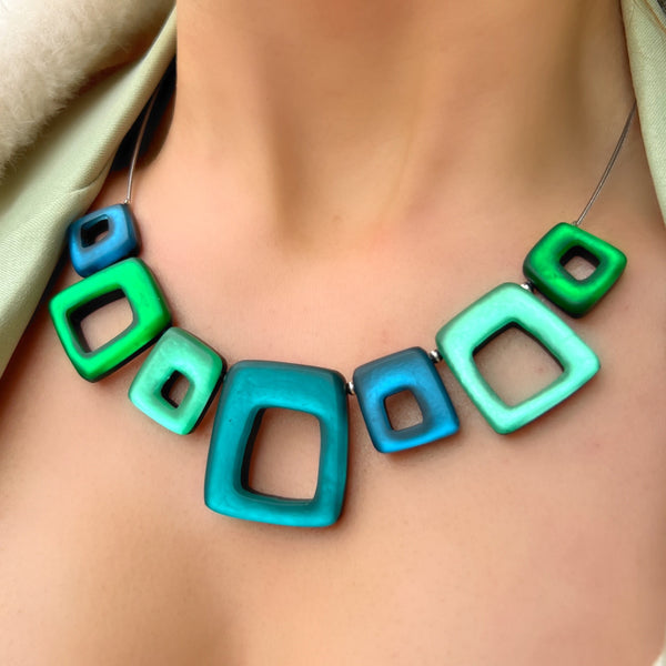 ‘Watch This Space’ Green & Blue Square Necklace