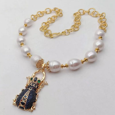 Pre-Order | Blue Pave Scarab Beetle Pearl 18ct Gold Plated Necklace