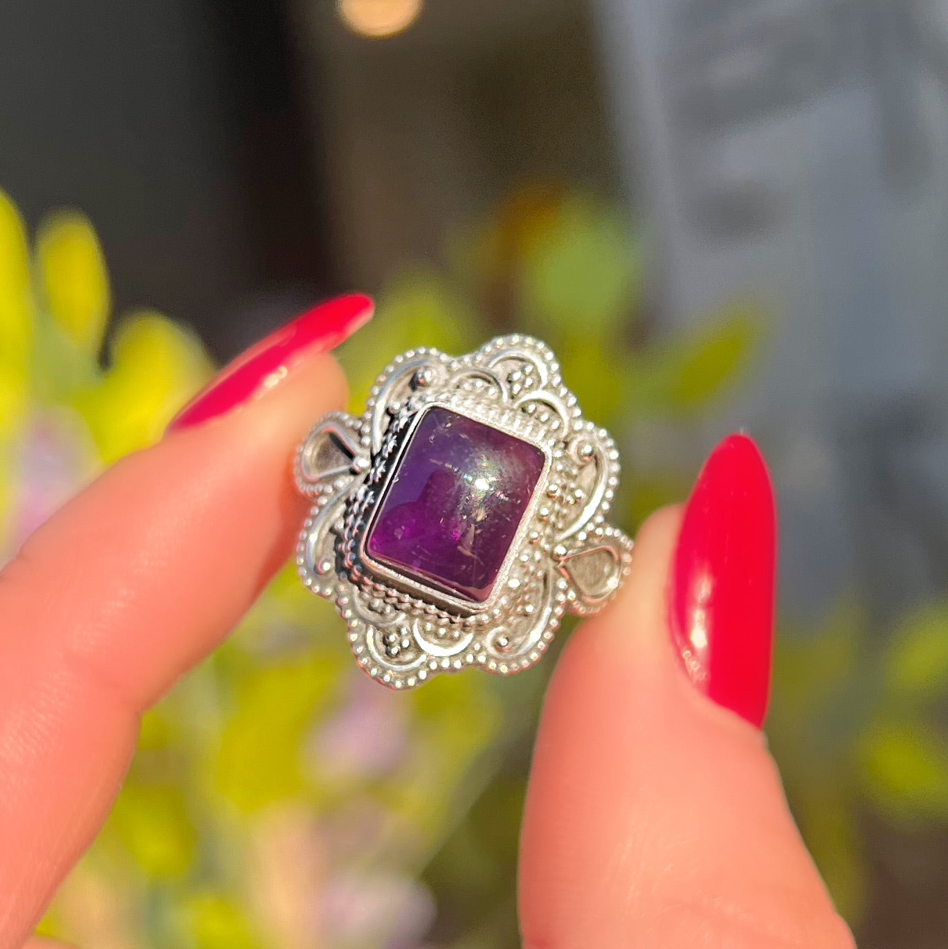 Chunky Boho Inspired Amethyst Ring - Size R ½