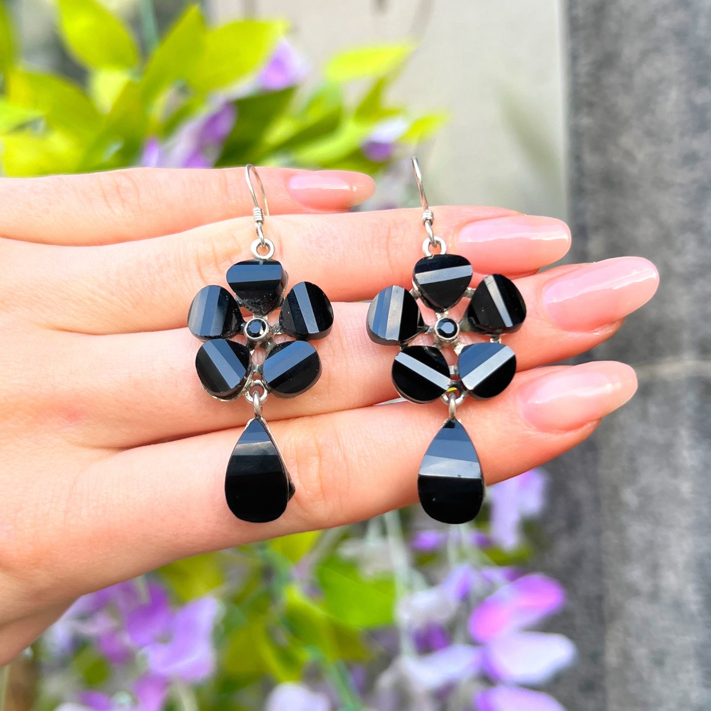 Sterling Silver Black Onyx Flower Drop Earrings