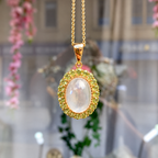 Moonstone and Peridot 9ct Yellow Gold Halo Necklace