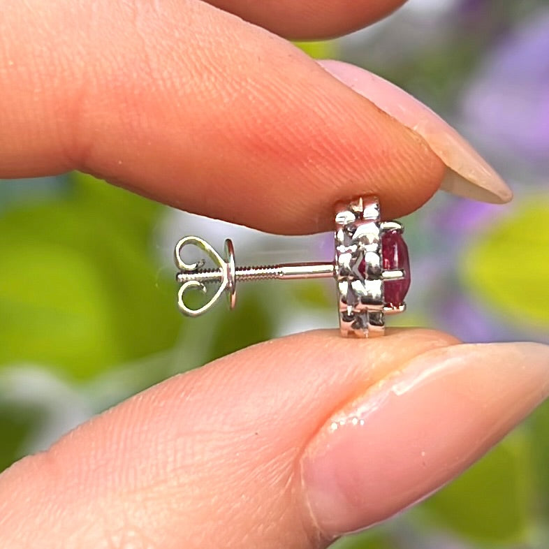 18ct White Gold Red Ruby and Diamond Halo Stud Earrings