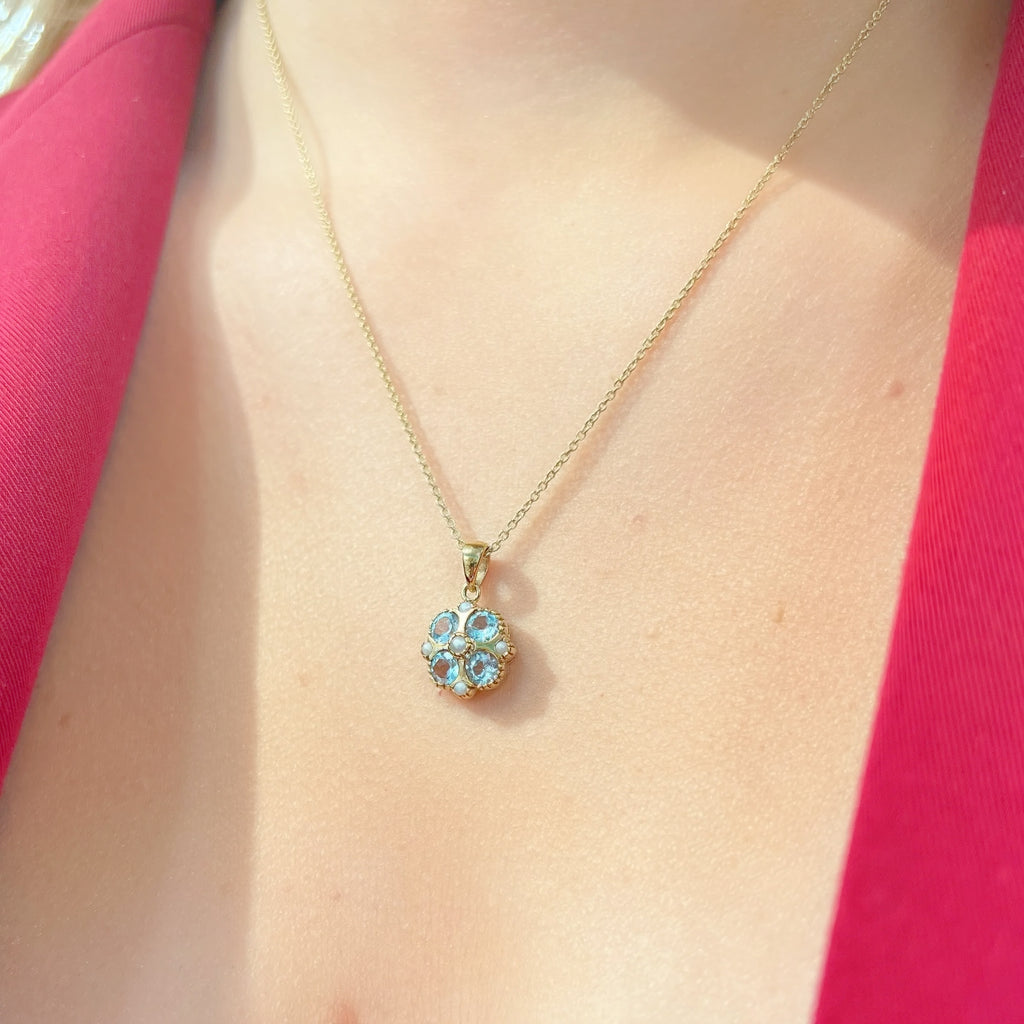 Aquamarine and Seed Pearl 9ct Yellow Gold Necklace