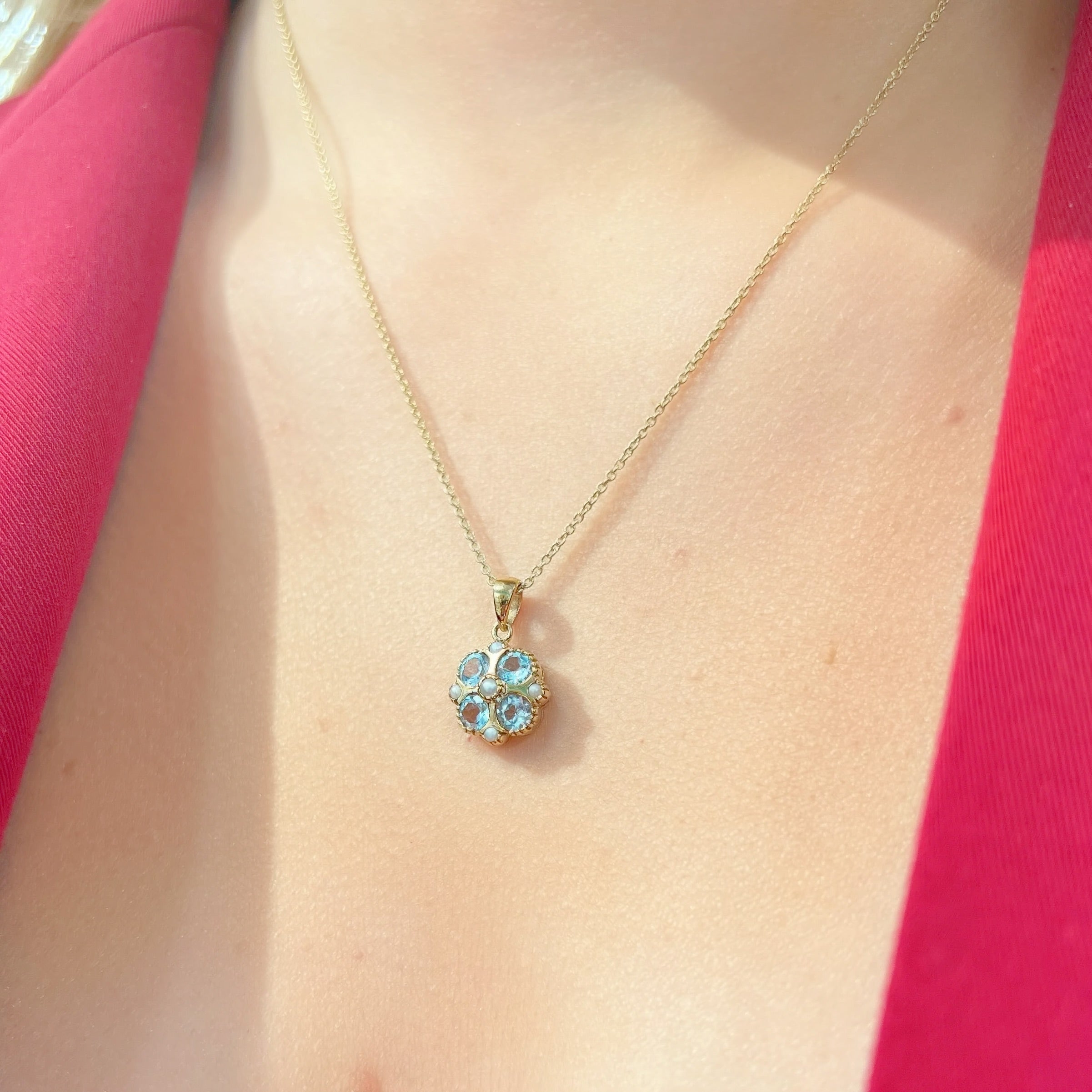 Aquamarine and Seed Pearl 9ct Yellow Gold Necklace