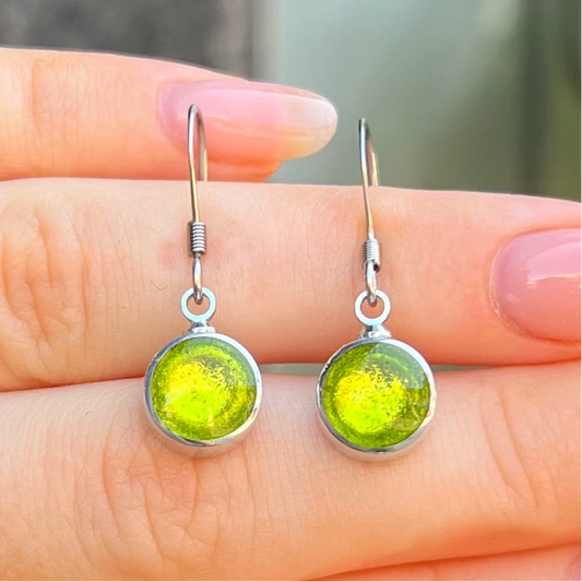 ‘Watch This Space’ Small Green Round Drop Earrings
